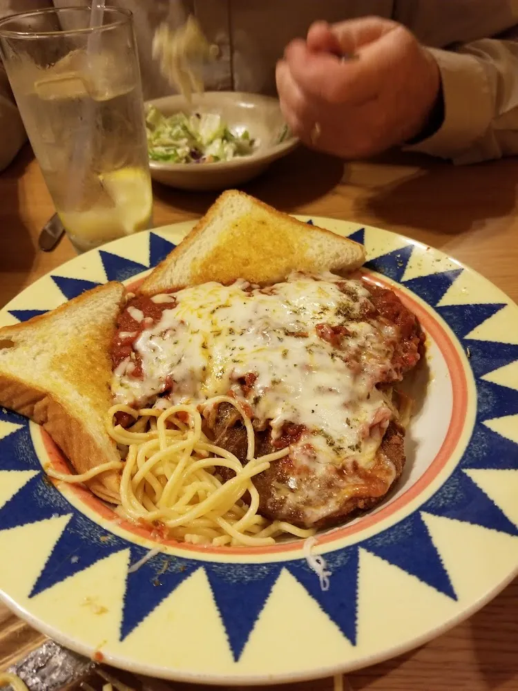 Spaghetti with Fried Chicken Paremesan